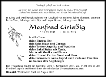 Traueranzeige von Manfred Grießig von Südthüringer Presse