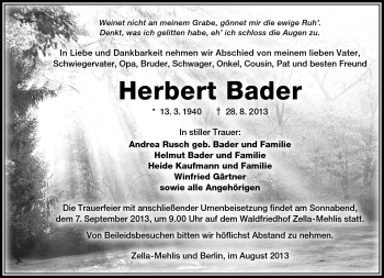 Traueranzeige von Herbert Bader von Südthüringer Presse