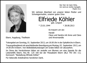 Traueranzeige von Elfriede Köhler von Neue Presse Coburg