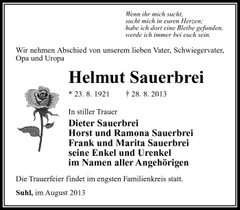 Traueranzeige von Helmut Sauerbrei von Südthüringer Presse