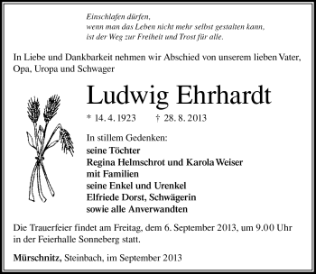 Traueranzeige von Ludwig Ehrhardt von Südthüringer Presse