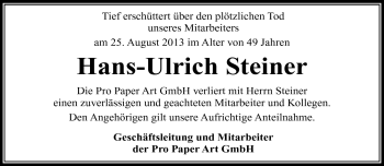 Traueranzeige von Hans-Ulrich Steiner von Südthüringer Presse