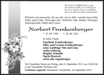 Traueranzeige von Norbert Frankenberger von Südthüringer Presse