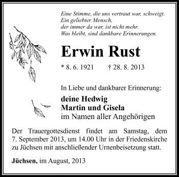 Traueranzeige von Erwin Rust von Südthüringer Presse