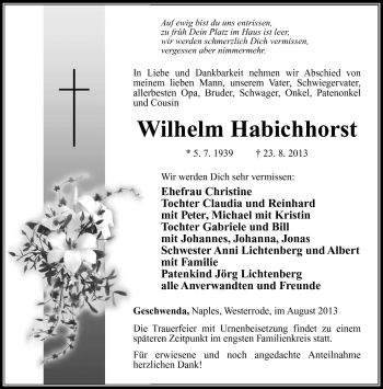 Traueranzeige von Wilhelm Habichhorst von Südthüringer Presse