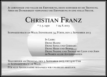 Traueranzeige von Christian Franz von Frankenpost