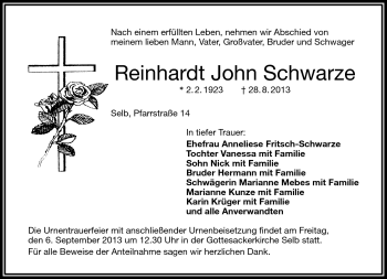 Traueranzeige von Reinhardt John Schwarze von Frankenpost