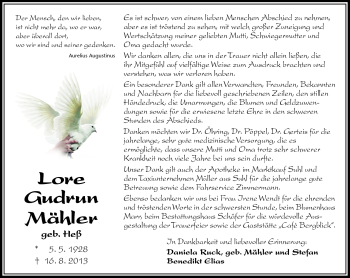 Traueranzeige von Lore Gudrun Mähler von Südthüringer Presse