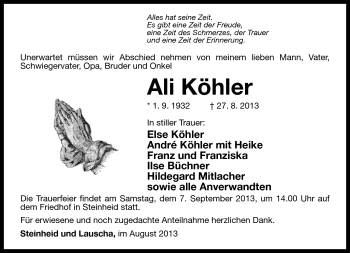 Traueranzeige von Ali Köhler von Südthüringer Presse