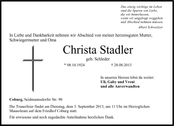 Traueranzeige von Christa Stadler von Neue Presse Coburg