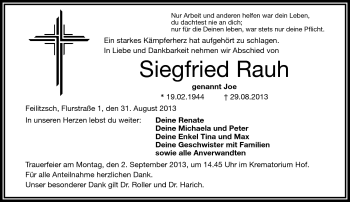 Traueranzeige von Siegfried Rauh von Frankenpost