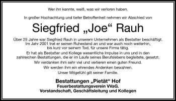 Traueranzeige von Siegfried Rauh von Frankenpost