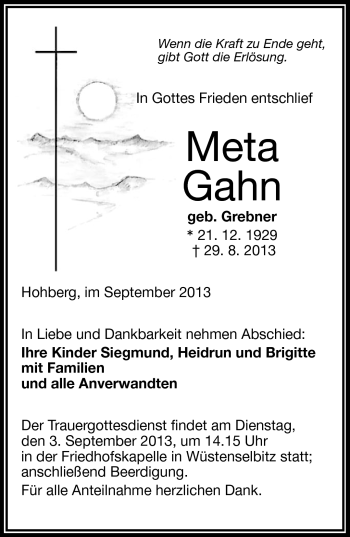 Traueranzeige von Meta Gahn von Frankenpost