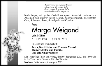 Traueranzeige von Marga Wiegand von Südthüringer Presse