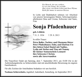 Traueranzeige von Sonja Pfadenhauer von Südthüringer Presse