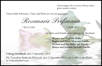 Traueranzeige von Rosemarie Preßmann von Neue Presse Coburg