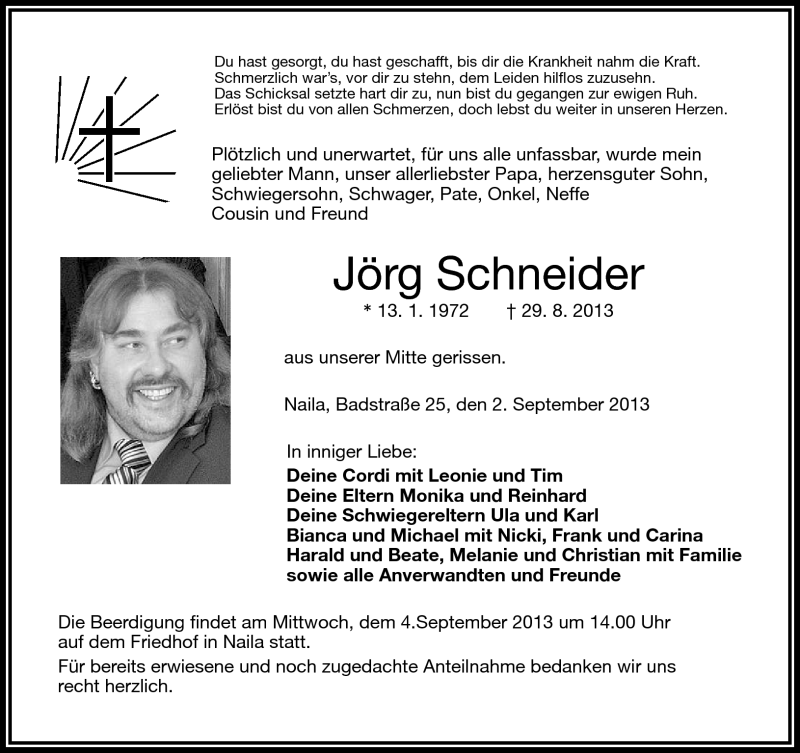  Traueranzeige für Jörg Schneider vom 02.09.2013 aus Frankenpost