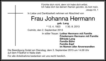Traueranzeige von Johanna Hermann von Frankenpost