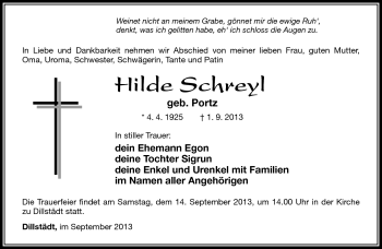Traueranzeige von Hilde Schreyl von Südthüringer Presse