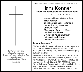 Traueranzeige von Hans Könner von Neue Presse Coburg