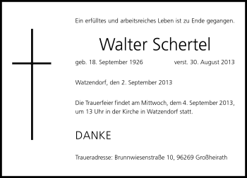 Traueranzeige von Walter Schertel von Neue Presse Coburg