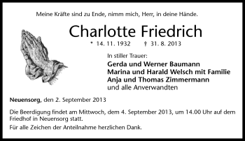Traueranzeige von Charlotte Friedrich von Neue Presse Coburg