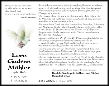 Traueranzeige von Lore Gudrun Mähler von Südthüringer Presse