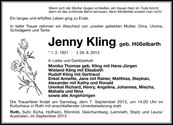 Traueranzeige von Jenny Kling von Südthüringer Presse