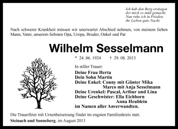 Traueranzeige von Wilhelm Sesselmann von Südthüringer Presse