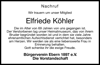 Traueranzeige von Elfriede Köhler von Neue Presse Coburg