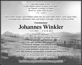 Traueranzeige von Johannes Winkler von Südthüringer Presse