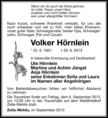 Traueranzeige von Volker Hörnlein von Südthüringer Presse