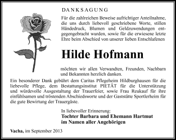 Traueranzeige von Hilde Hofmann von Südthüringer Presse