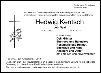 Traueranzeige von Hedwig Kentsch von Neue Presse Coburg