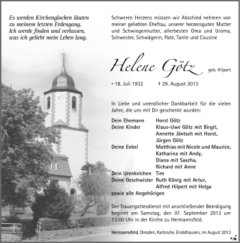 Traueranzeige von Helene Götz von Südthüringer Presse