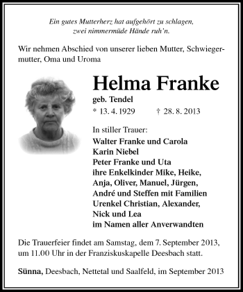 Traueranzeige von Helma Franke von Südthüringer Presse