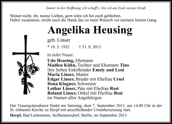 Traueranzeige von Heusing Angelika von Südthüringer Presse