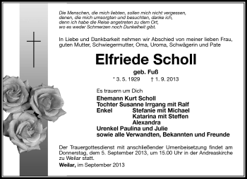 Traueranzeige von Elfriede Scholl von Südthüringer Presse
