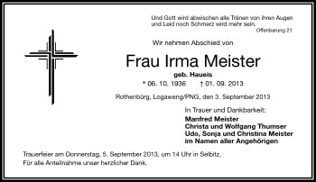 Traueranzeige von Irma Meister von Frankenpost