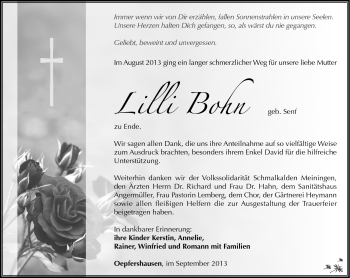 Traueranzeige von Lilli Bohn von Südthüringer Presse