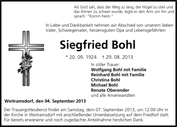 Traueranzeige von Siegfried Bohl von Neue Presse Coburg