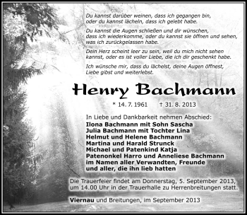 Traueranzeige von Henry Bachmann von Südthüringer Presse
