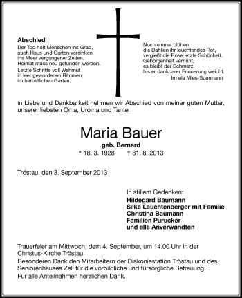 Traueranzeige von Maria Bauer von Frankenpost