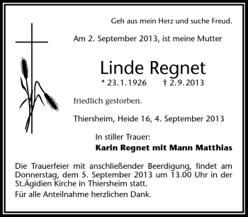 Traueranzeige von Linde Regnet von Frankenpost