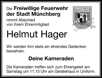 Traueranzeige von Helmut Hager von Frankenpost