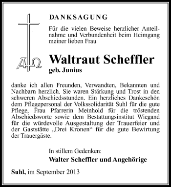 Traueranzeige von Waltraut Scheffler von Südthüringer Presse