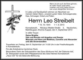 Traueranzeige von Leo Streibelt von Frankenpost