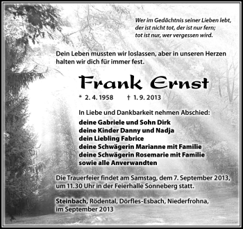 Traueranzeige von Frank Ernst von Südthüringer Presse
