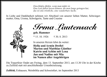 Traueranzeige von Irma Lautensack von Südthüringer Presse