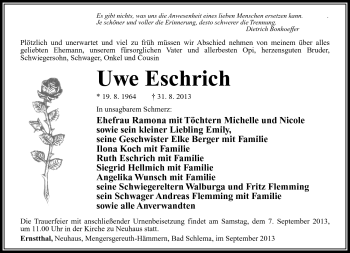 Traueranzeige von Uwe Eschrich von Südthüringer Presse